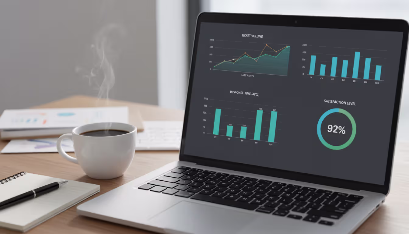 Laptop screen displaying a ticketing system analytics dashboard with bar charts and line graphs showing response times and ticket volume, coffee cup and notebook beside the laptop
