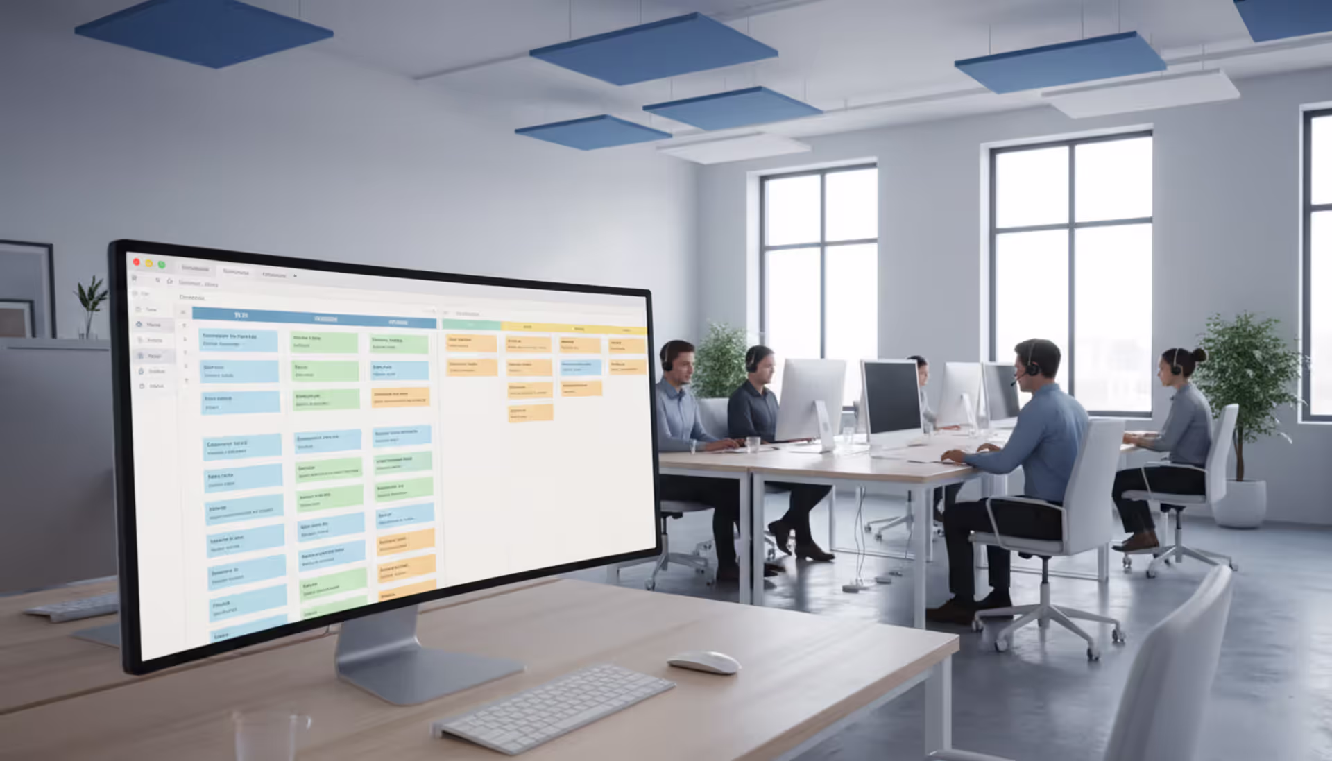 Modern open-plan office with a large screen displaying a ticketing system dashboard with colorful ticket cards arranged in columns, support agents wearing headsets working at desks