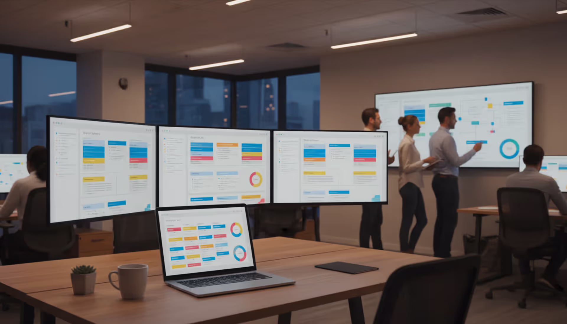 Modern office workspace with multiple monitors displaying ticketing system dashboards and team collaborating near a large screen