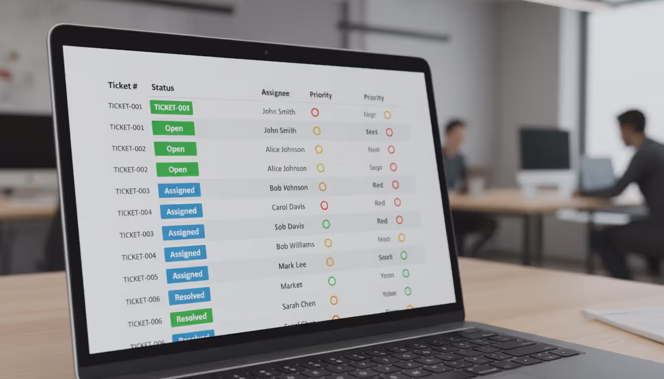 Laptop screen showing a ticketing system interface with open assigned and resolved tickets each marked with priority color indicators