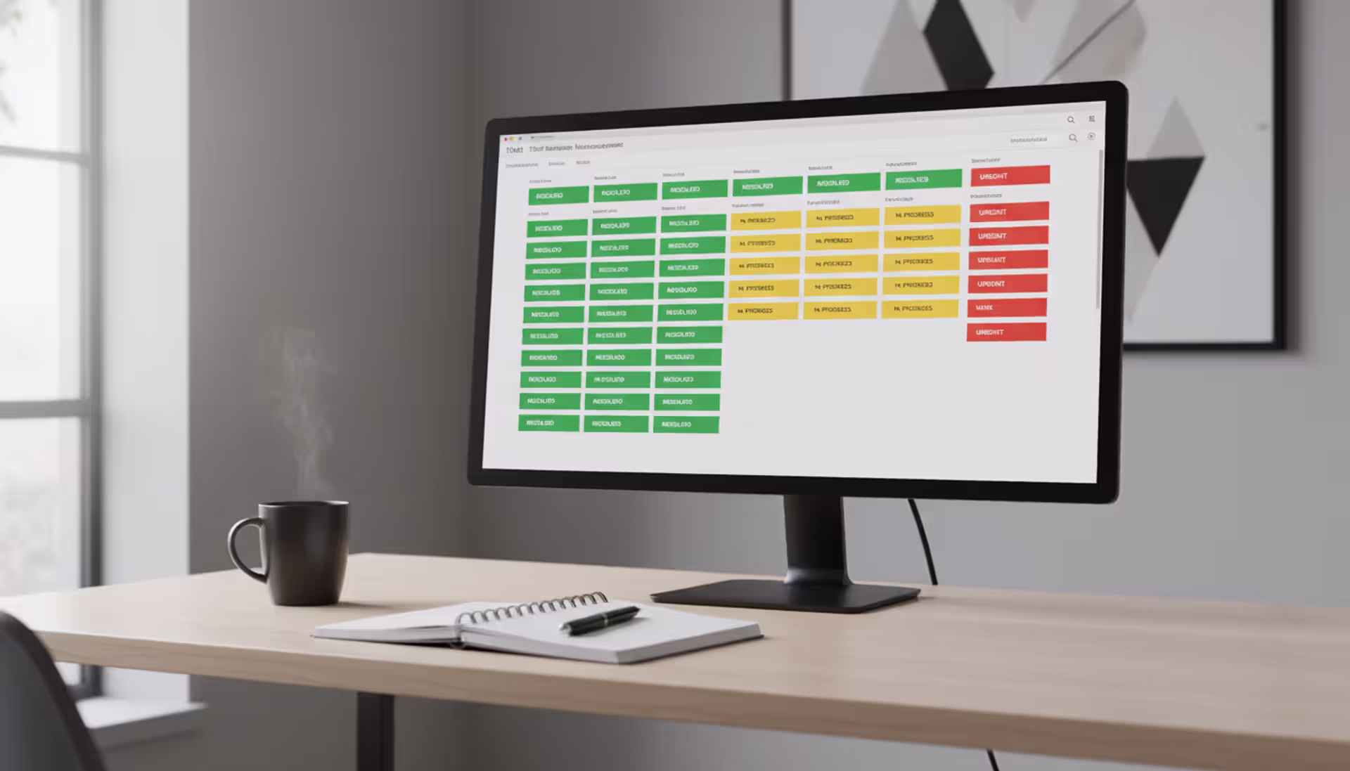 Modern small office workspace with a computer monitor showing a colorful ticketing system dashboard with task cards in green yellow and red