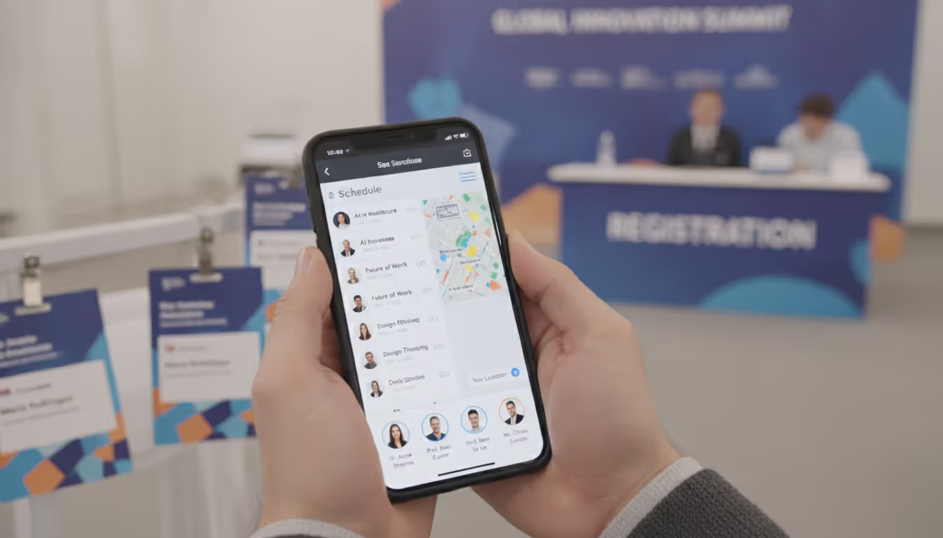 Close-up of hands holding a smartphone displaying a conference event app interface with session schedule and venue map