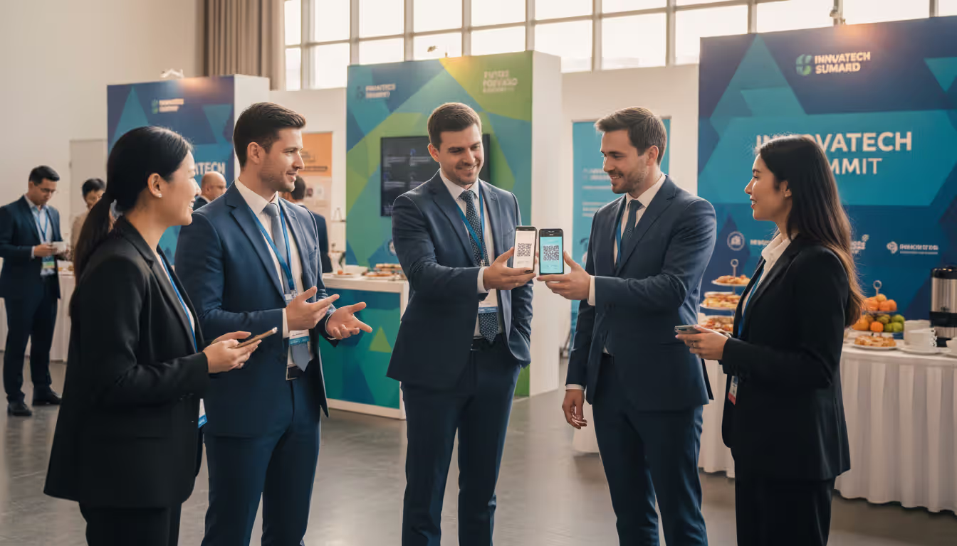 Conference attendees networking and exchanging contacts by scanning QR codes on smartphones in a conference networking lounge area