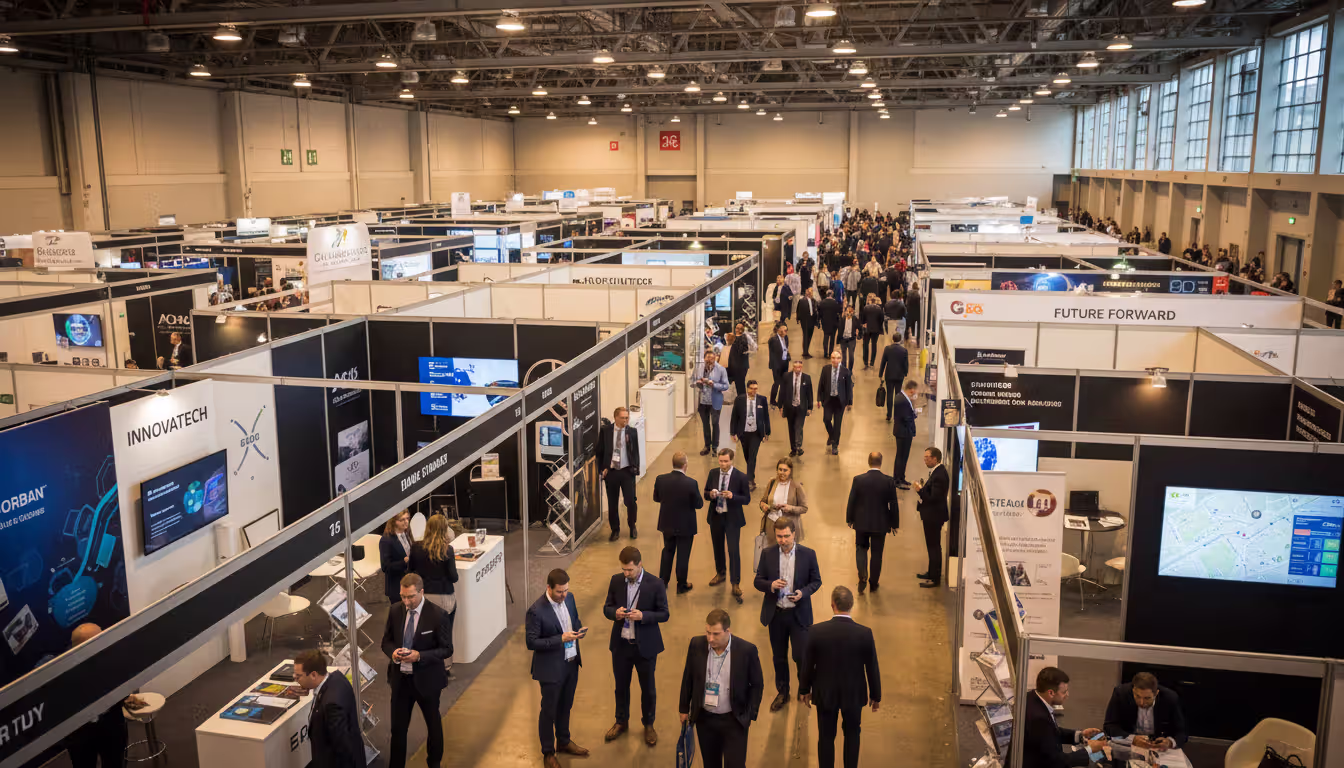 Aerial view of a busy trade show exhibition hall with attendees navigating between exhibitor booths using smartphones for wayfinding