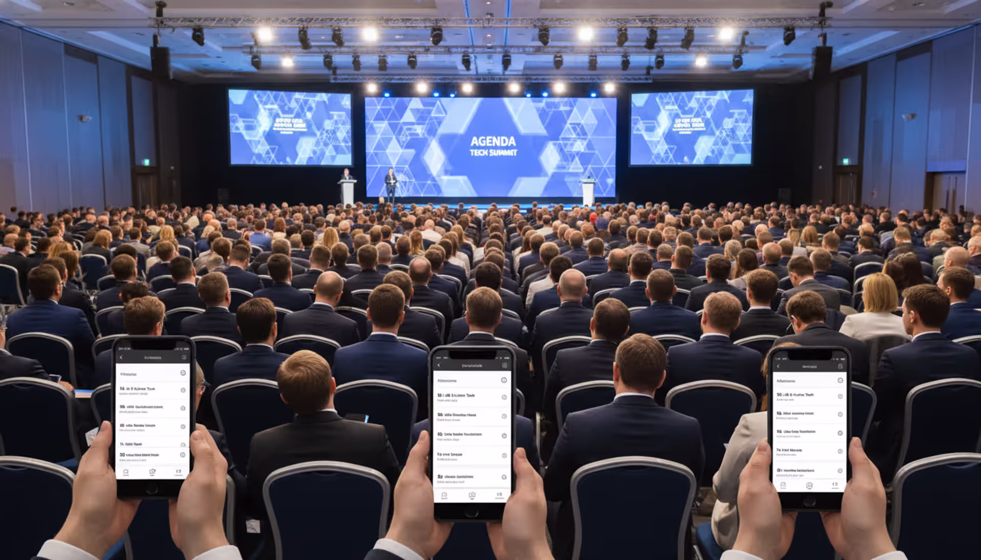 Conference attendees in a modern convention hall using mobile event apps on their smartphones during a professional conference session
