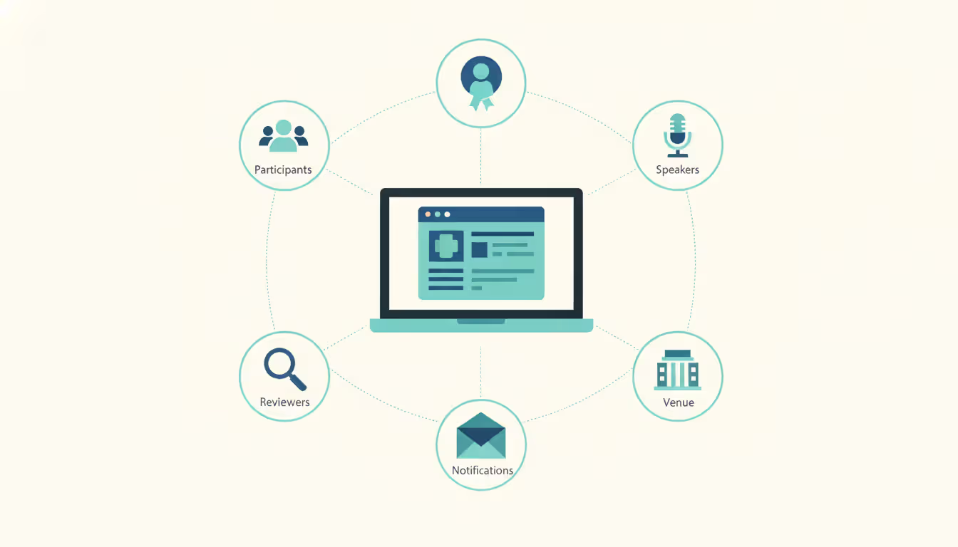 Flat design illustration of conference management ecosystem with laptop dashboard connected to icons of attendees speakers reviewers venue and notifications