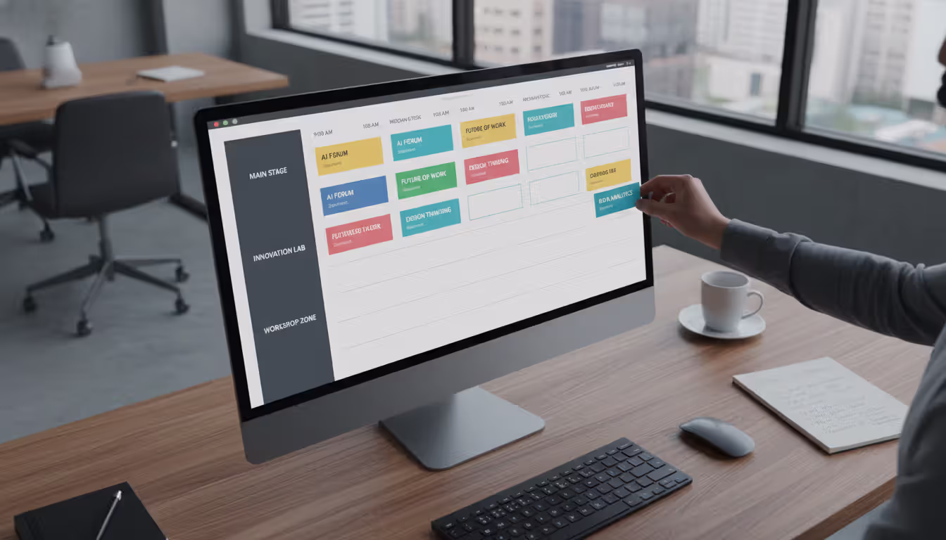 Organizer using drag-and-drop conference schedule builder on large monitor with color-coded session cards across multiple parallel tracks