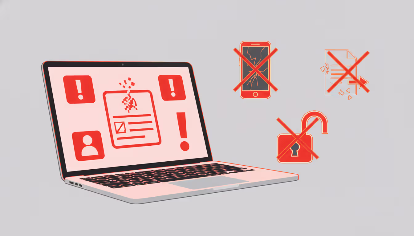 Illustration of common conference software implementation mistakes with error icons on laptop broken phone unlocked padlock and torn document on light background