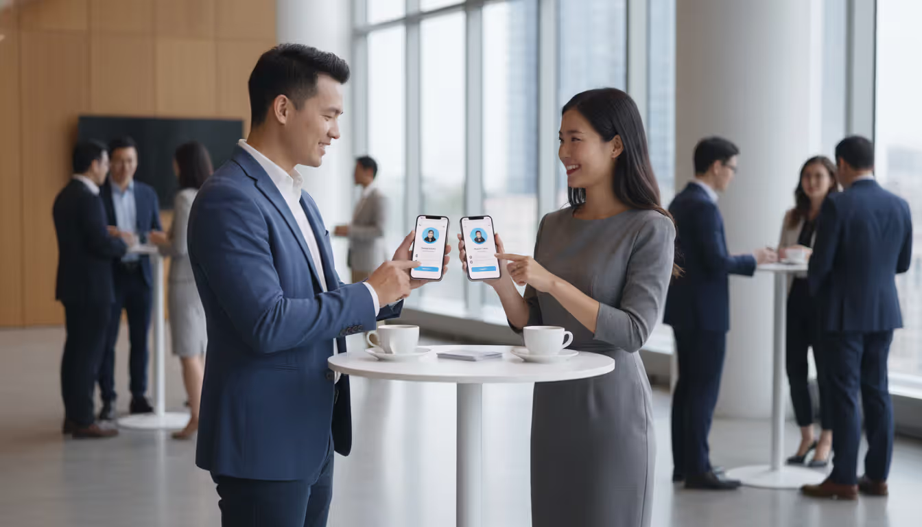 Two professionals at a conference networking area exchanging contact information via smartphones showing attendee profile screens