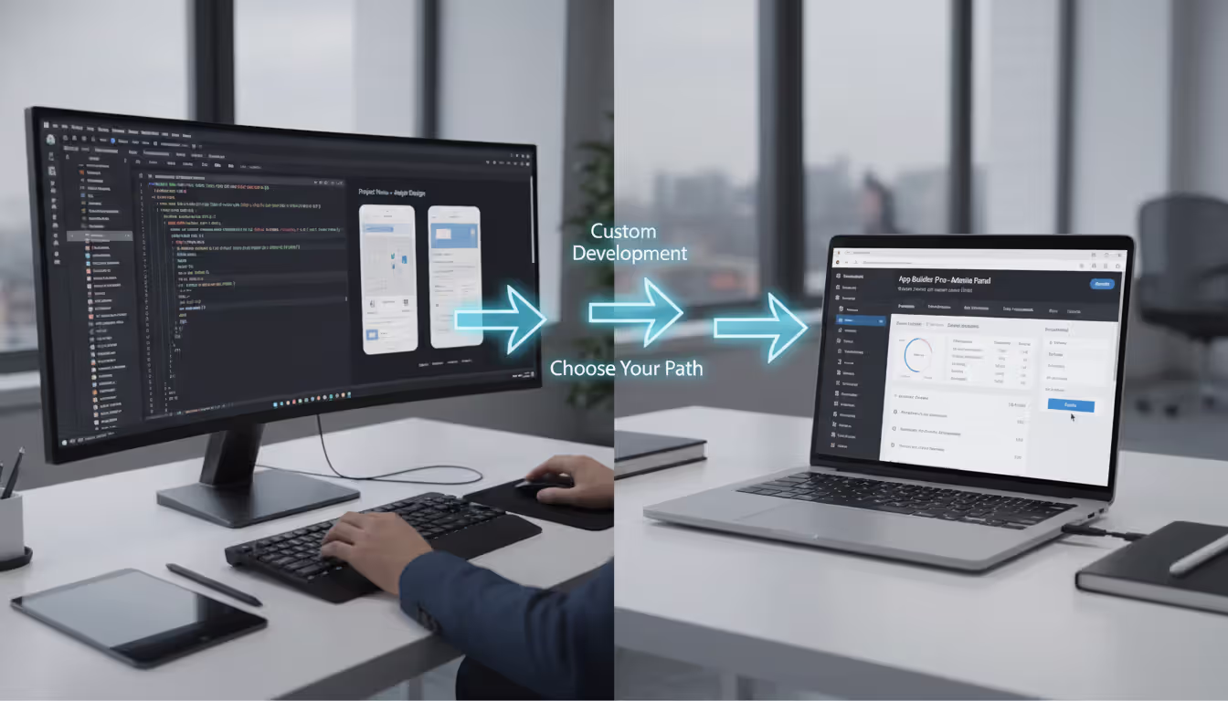 Split screen showing custom app development with code editor on the left and a template-based event app builder dashboard on the right, representing two development approaches
