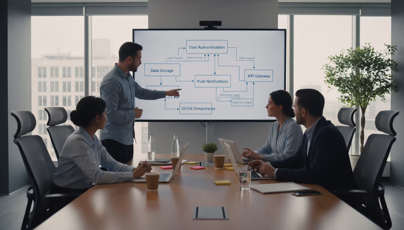 Development team in a meeting room discussing mobile app architecture diagram displayed on a large wall screen with feature blocks and connection arrows