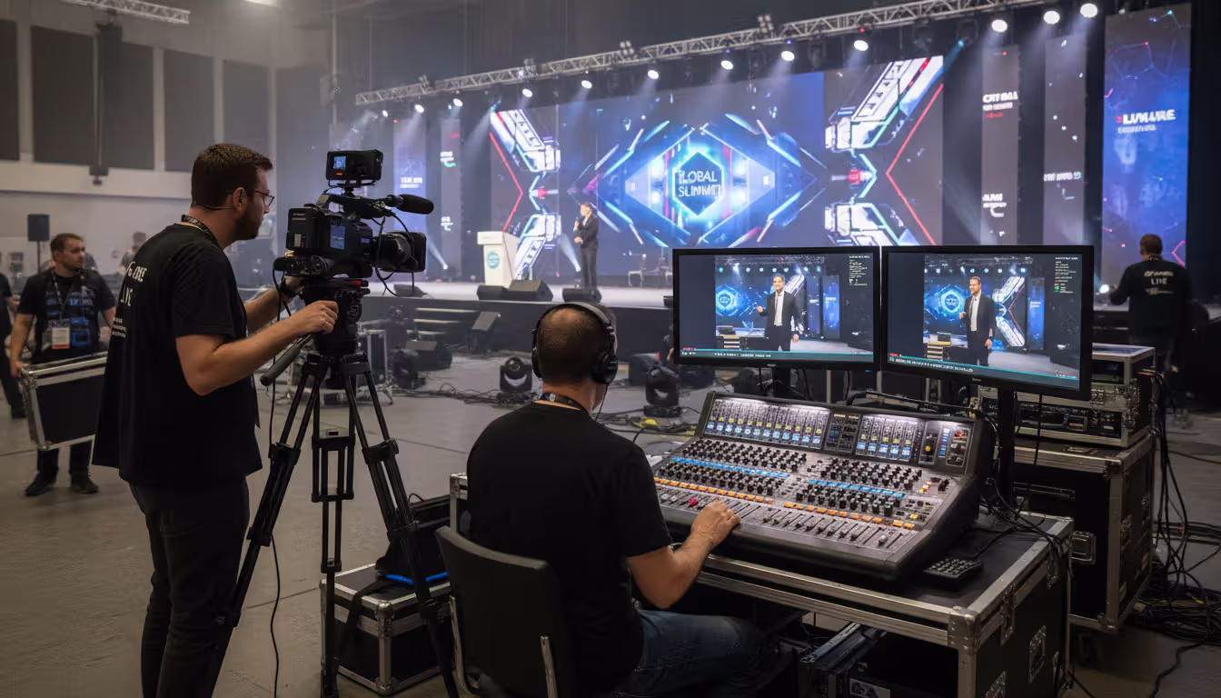 Professional production crew at a hybrid event: camera operator with tripod, audio engineer at mixing console, monitors displaying live speaker stream, backstage working environment