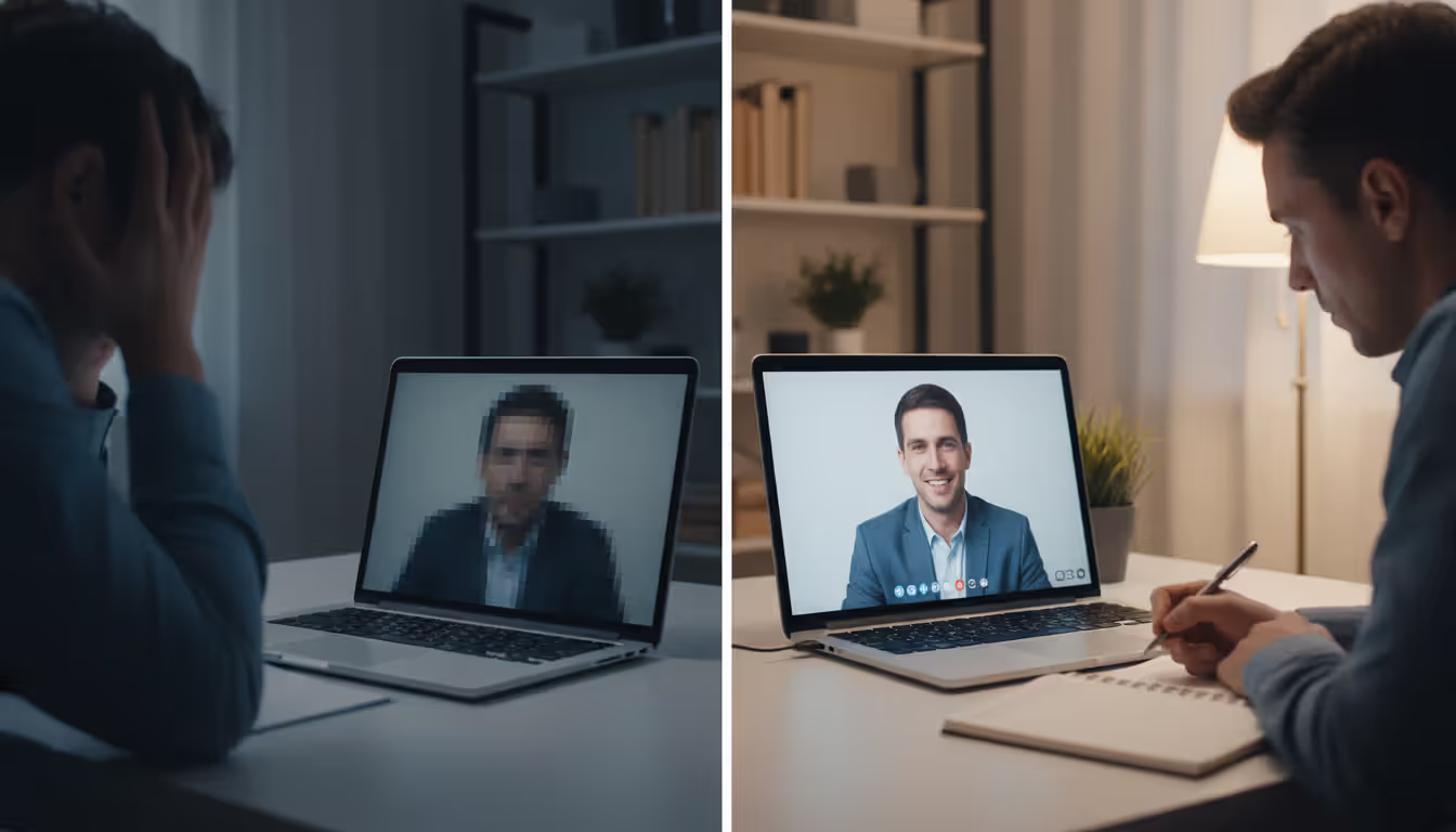 Split-screen comparison: left side shows blurry low-quality video stream on a laptop with a frustrated viewer, right side shows crisp professional-quality video stream with an engaged viewer taking notes