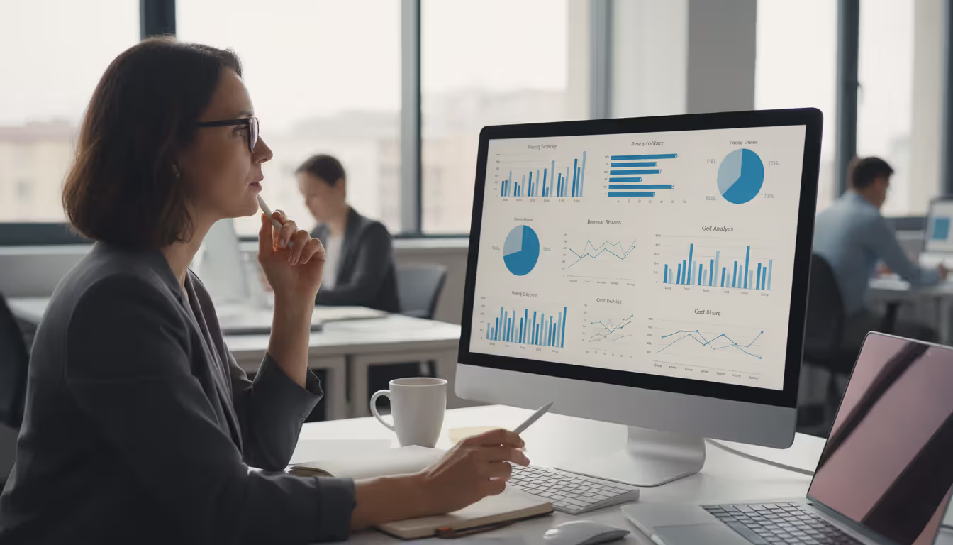 Business analyst at a desk reviewing pricing model charts and graphs on a monitor, notepad and coffee cup on the desk, office setting focused on data analysis and decision-making