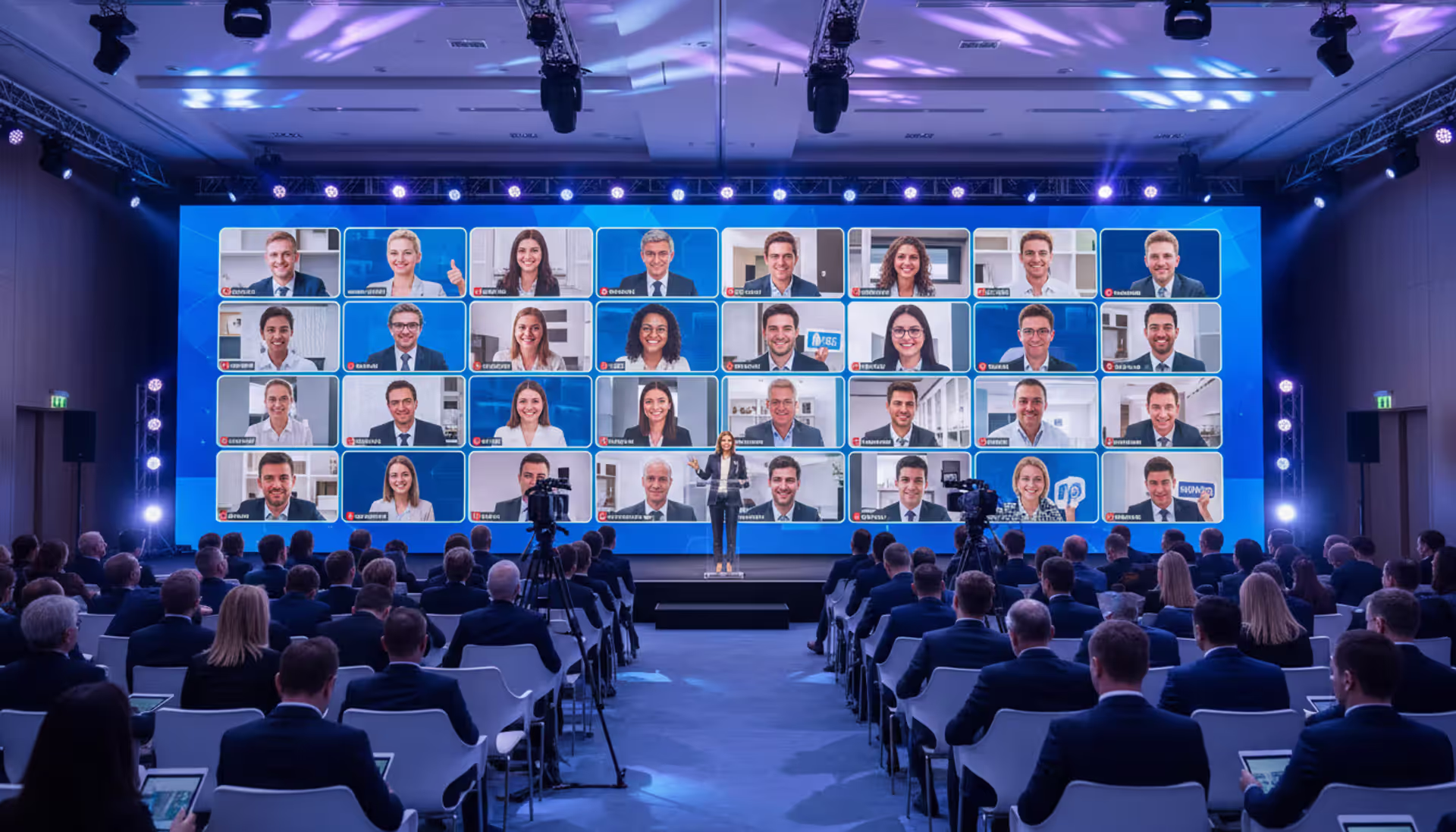 Modern conference hall with a speaker on stage, large LED screen showing remote participants via video, professional cameras and lighting, hybrid event atmosphere