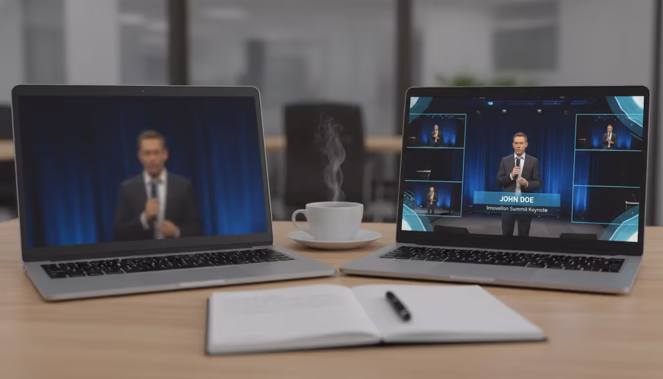 Two laptop screens side by side comparing poor quality webcam recording versus professional multi-camera broadcast of a speaker on stage with branded graphics overlay