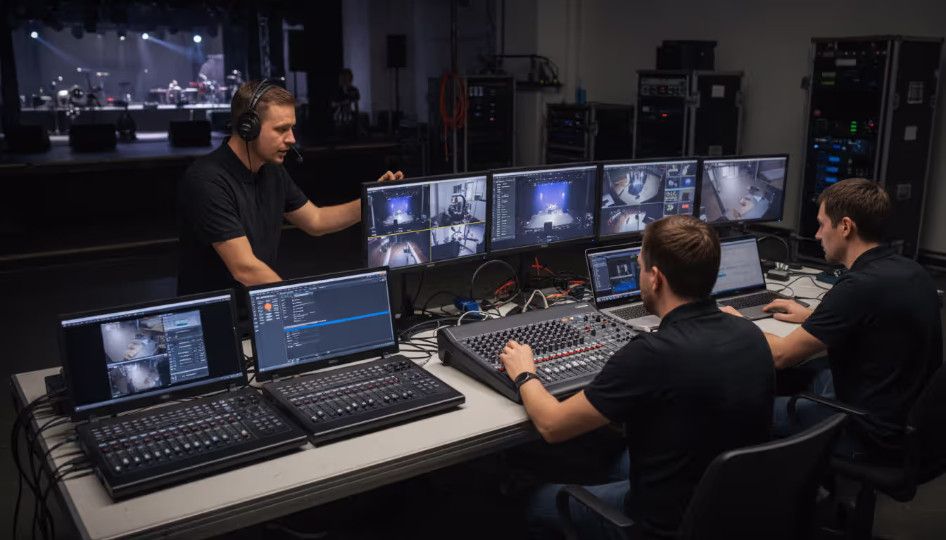 Technical crew of four specialists in black polo shirts working at production desk with video switchers audio mixing console multiple camera monitors and streaming laptops backstage at corporate event