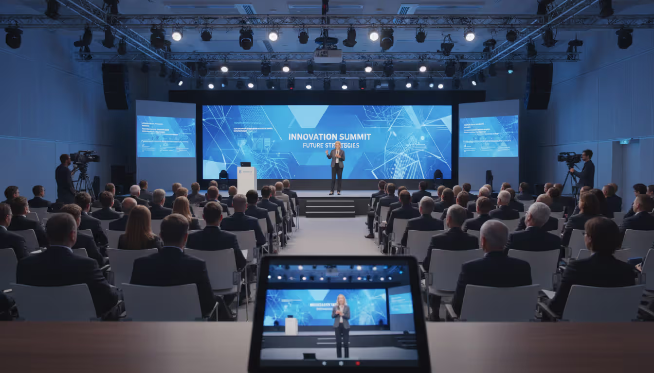 Corporate conference hall with speaker on stage presenting to live audience while professional cameras capture the event and a tablet in foreground shows the live stream of the same presentation