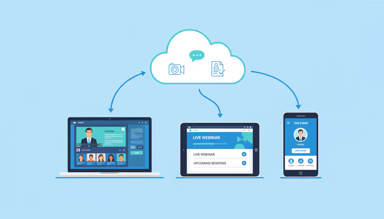 Cloud-based SaaS event platform concept showing a central cloud icon connected to laptop, tablet, and smartphone displaying event interfaces