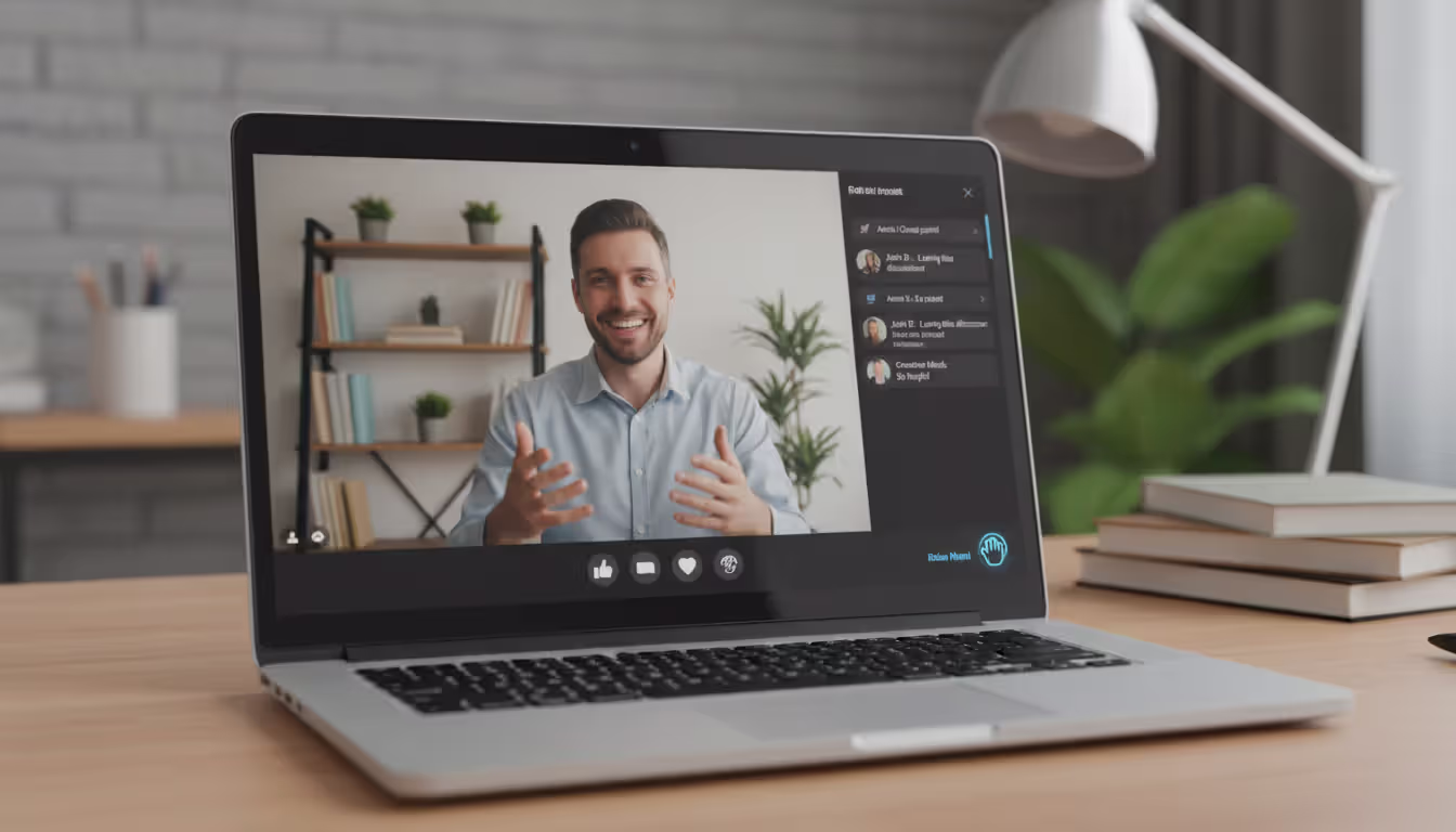 Laptop screen showing a live virtual conference session with speaker video, live chat panel, and audience reaction buttons