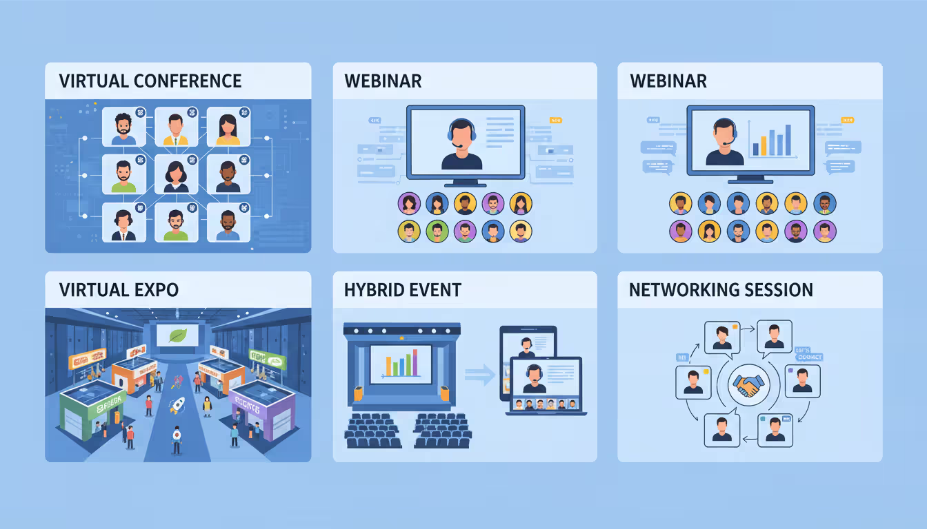 Infographic collage showing five types of online events: virtual conference, webinar, hybrid event, virtual trade show, and networking session