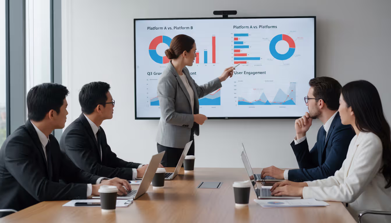 Business team evaluating event management platforms with analytics charts displayed on a large wall screen during a meeting