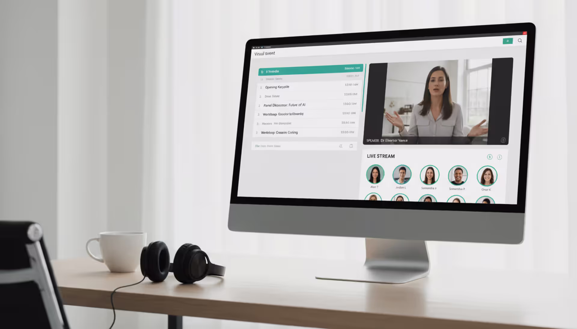 Desktop monitor displaying virtual event management dashboard with session schedule and speaker video stream in a modern minimalist office