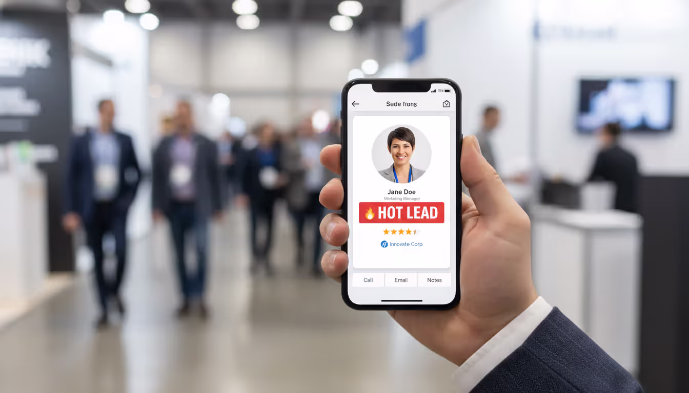 Close-up of a hand holding a smartphone with a lead scanning app interface showing a scanned contact card at a trade show