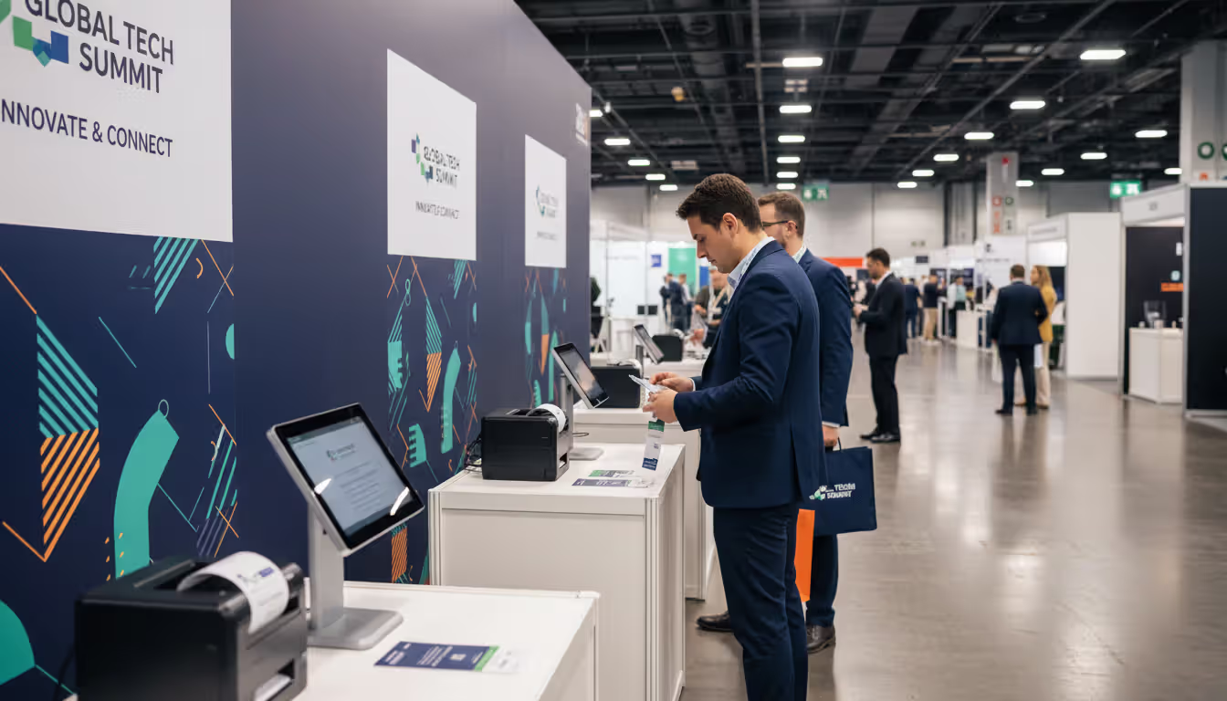 Trade show registration area with self-service check-in kiosks, badge printers, and attendees receiving printed badges