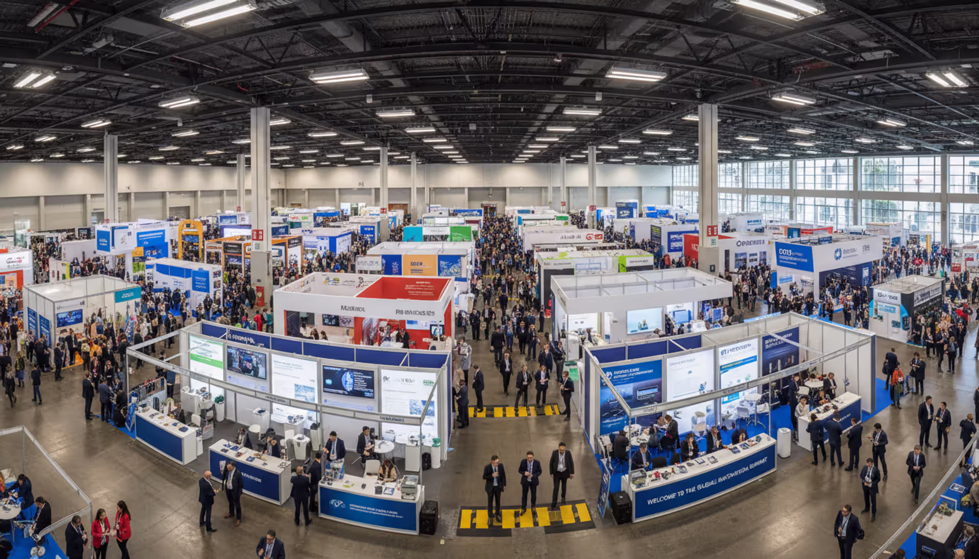 Aerial view of a large trade show exhibition hall with colorful booths, wide aisles, and crowds of business attendees visiting exhibitor stands