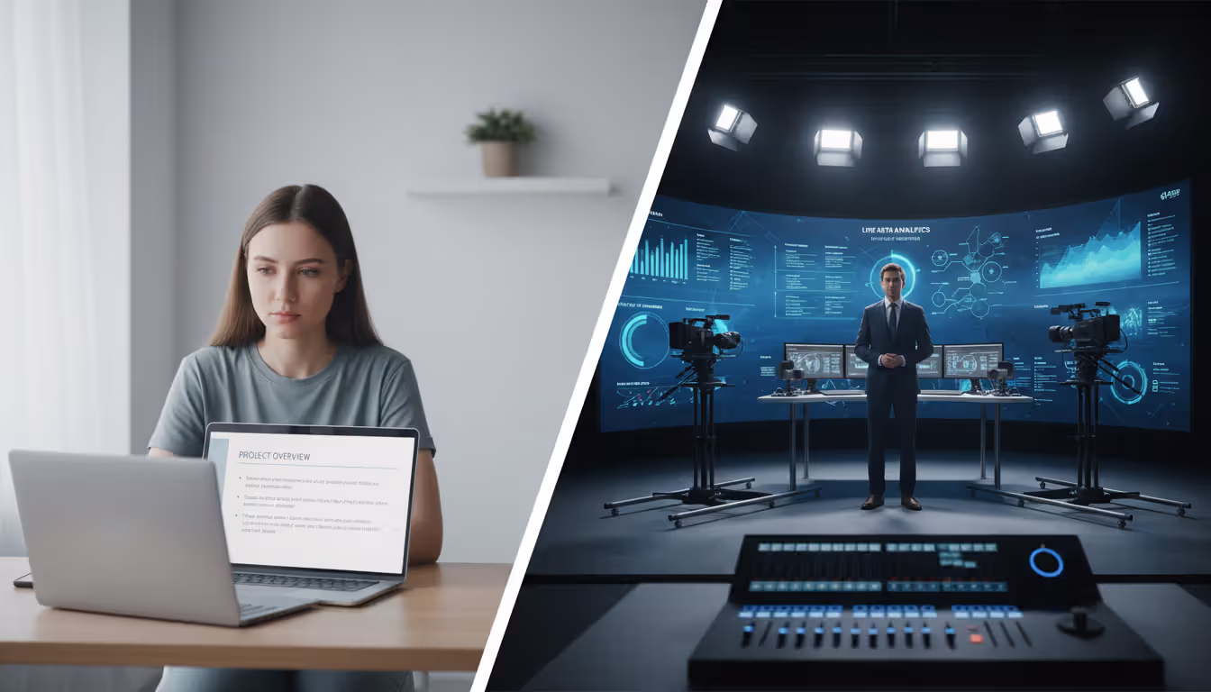 Split comparison image showing simple webinar setup with one person at laptop on left versus professional multi-camera virtual event production studio on right