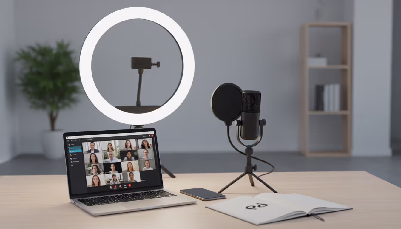 Organized speaker desk setup for virtual event with ring light, USB microphone with pop filter, laptop showing streaming platform, mobile phone as backup device, and branded notebook