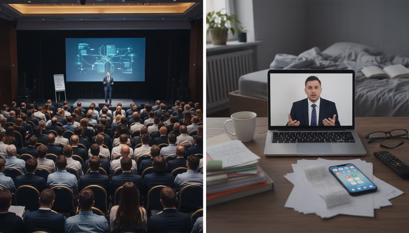Split-screen comparison showing packed conference hall with speaker on stage on the left and the same speaker viewed on a laptop screen surrounded by home distractions on the right