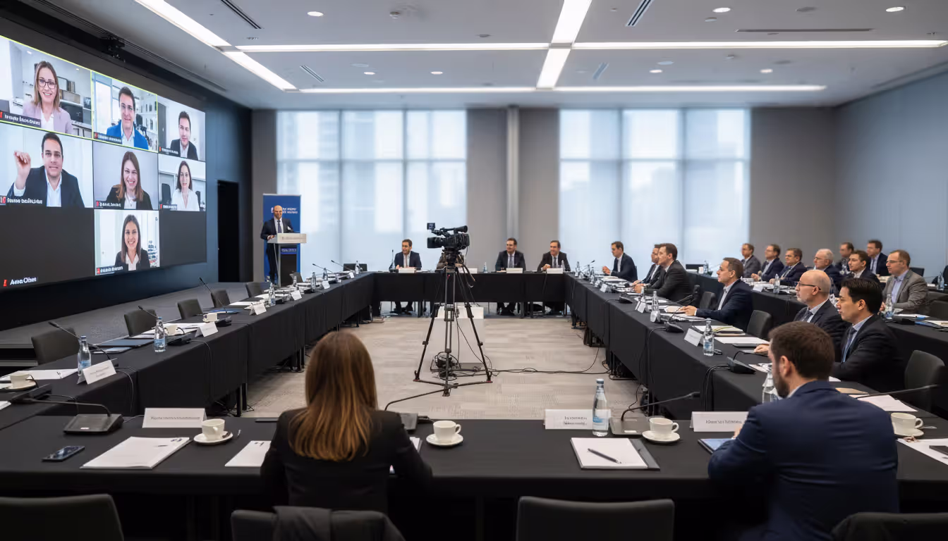 Hybrid event setup in a conference room with a large screen displaying remote video participants alongside in-person attendees and a professional camera on a tripod