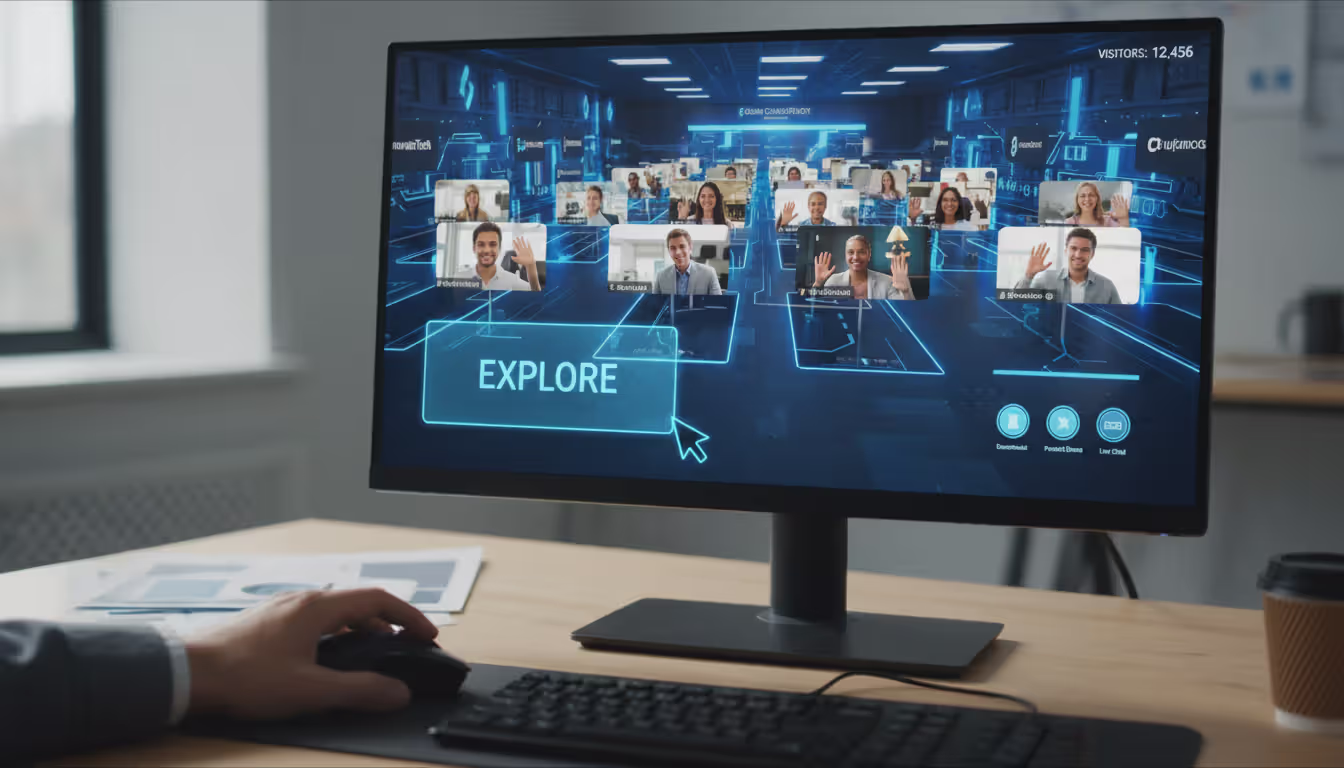 Computer screen displaying a virtual exhibit hall interface with branded sponsor booths, video chat windows with company representatives, and download buttons, with a hand on a mouse navigating the platform