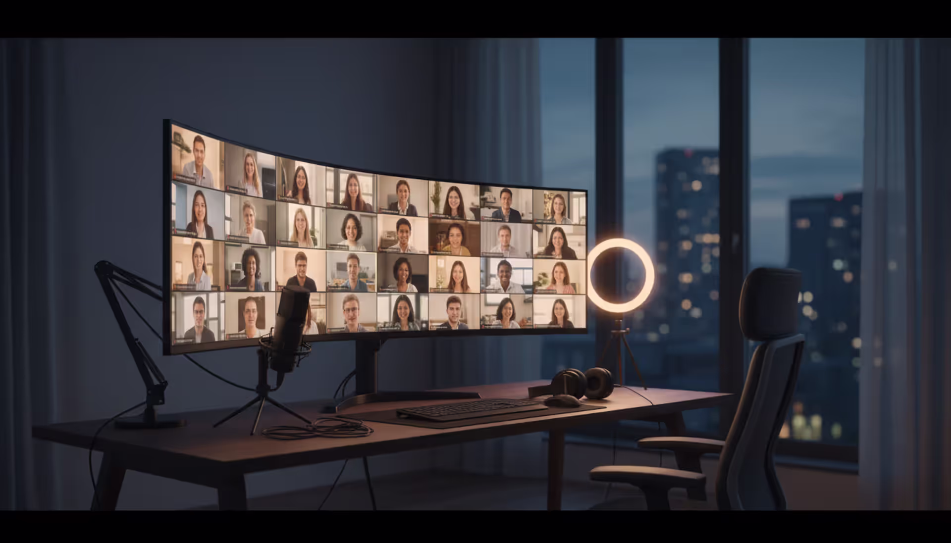 Professional home studio setup with large monitor showing virtual conference grid of video participants, ring light, condenser microphone, and headphones on a modern desk