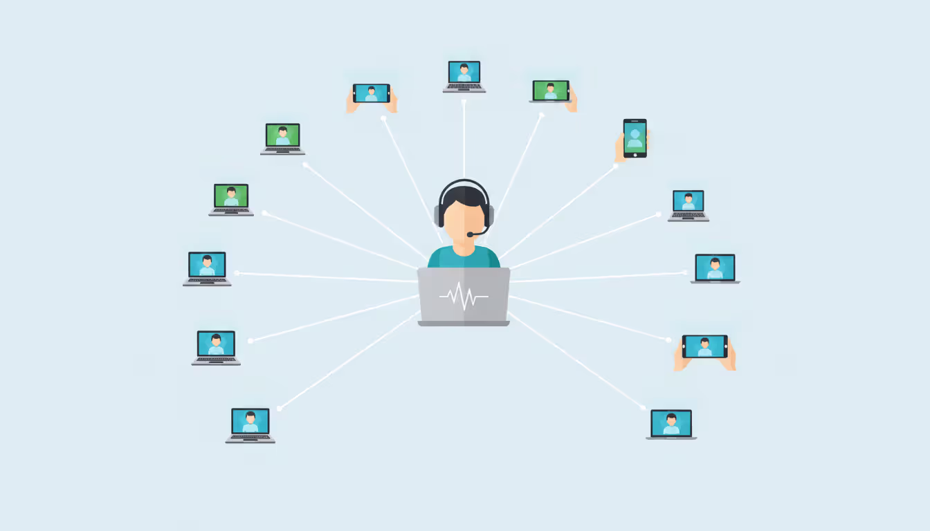 Infographic showing one-to-many broadcasting model with a central presenter connected to multiple audience members on various devices