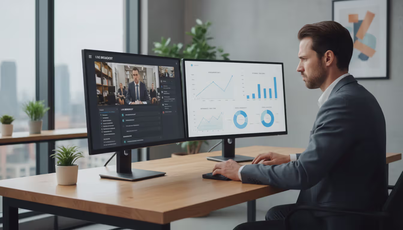 Business professional at a desk with two monitors, one showing a live webinar interface and the other displaying engagement analytics dashboards with charts