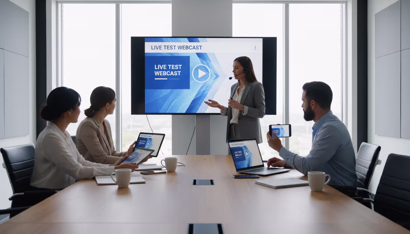 Team of colleagues in a meeting room testing a webinar broadcast on a large screen while checking stream quality on a laptop, tablet, and smartphone